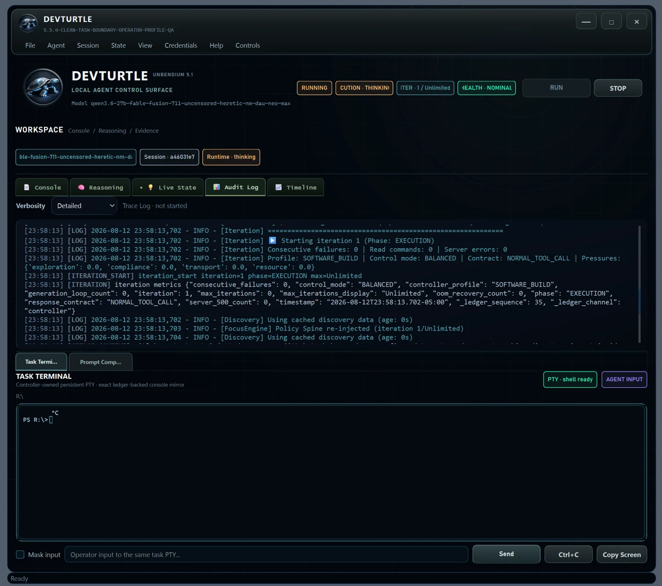 DevTurtle reasoning console and task terminal